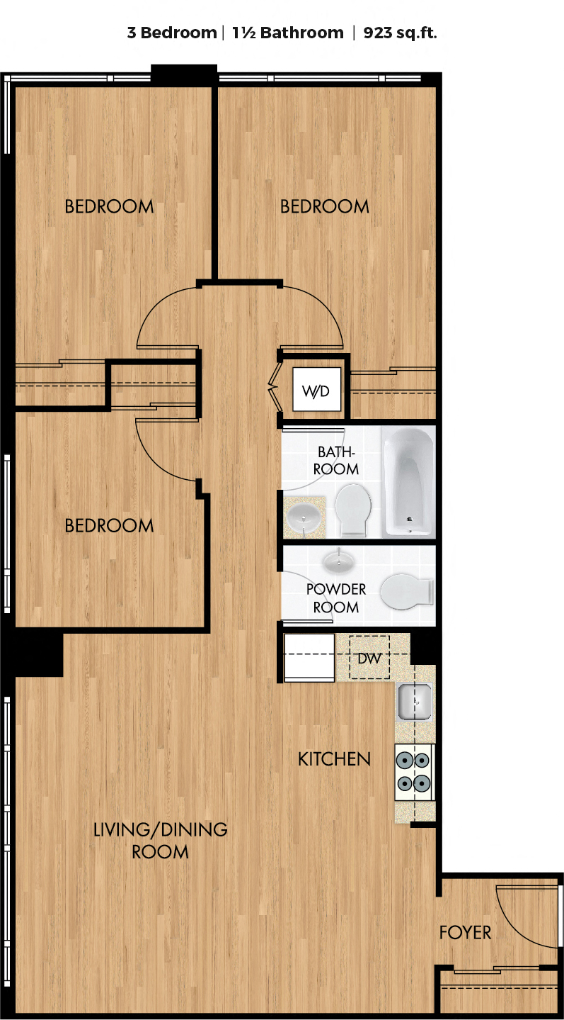 Floor plan for 3 beds, 1.5 baths, 914 sqft